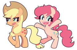 Size: 836x553 | Tagged: safe, artist:nekozneko, applejack, pinkie pie, earth pony, pony, cute, sharp teeth