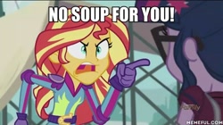 Size: 600x337 | Tagged: safe, edit, edited screencap, screencap, sci-twi, sunset shimmer, twilight sparkle, equestria girls, friendship games, angry, caption, exploitable meme, image macro, meme, seinfeld, soup nazi, sunset yells at twilight