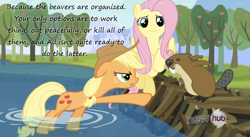 Size: 852x468 | Tagged: safe, applejack, fluttershy, beaver, earth pony, pegasus, pony, keep calm and flutter on, angry, argument, hub logo, insane pony thread, mr. beaverton beaverteeth, pointing