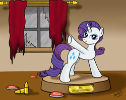 Size: 1280x1024 | Tagged: safe, artist:rainbowflashover, rarity, pony, unicorn, fallout equestria, bottlecap, broken glasses, bullet, caps, fanfic, fanfic art, female, figurine, hat, hooves, horn, mare, ministry mares, ministry mares statuette, phylactery, rain, smiling, solo, soul jar, sparkle cola, text, window