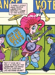 Size: 522x711 | Tagged: safe, idw, pinkie pie, equestria girls, spoiler:comic, spoiler:comicannual2013, banjo, bass drum, chimes, clarinet, cymbals, harmonica, musical instrument, one-man band, trumpet