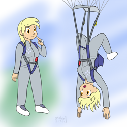 Size: 1000x1000 | Tagged: safe, artist:phallen1, derpy hooves, human, air ponyville, clothes, falling, humanized, jumpsuit, parachute, skydiving, upside down