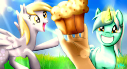 Size: 3200x1737 | Tagged: safe, artist:pshyzomancer, derpy hooves, lyra heartstrings, human, hand, lens flare, muffin, smiling