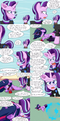 Size: 2000x4000 | Tagged: safe, artist:jake heritagu, midnight sparkle, starlight glimmer, twilight sparkle, twilight sparkle (alicorn), alicorn, pony, comic:ask motherly scootaloo, blatant lies, cloak, clothes, comic, ponyville, salt, smug, smuglight glimmer, teleportation