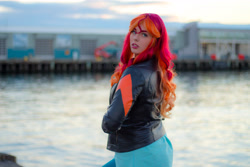 Size: 5184x3456 | Tagged: safe, artist:maddymoiselle, sunset shimmer, human, equestria girls, absurd resolution, clothes, cosplay, costume, irl, irl human, jacket, ocean, photo, photography, solo, water, wig