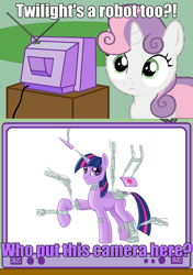 Size: 564x800 | Tagged: safe, derpibooru import, sweetie belle, sweetie bot, twilight sparkle, pony, robot, robot pony, unicorn, cutie mark, exploitable meme, female, filly, foal, hooves, horn, mare, over 9000 hours in photoscape, raised hoof, text, tv meme