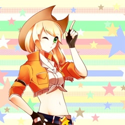 Size: 600x600 | Tagged: safe, artist:lamidien, applejack, human, belly button, belt, clothes, cute, fingerless gloves, front knot midriff, gloves, humanized, jackabetes, midriff, one eye closed, solo