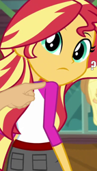 Size: 410x720 | Tagged: safe, edit, edited screencap, screencap, sunset shimmer, equestria girls, legend of everfree, boop, boop edit, confused, cropped, frown, looking at you, looking back, poking, question mark