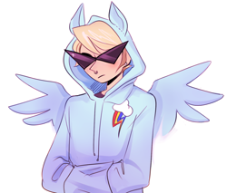 Size: 1408x1200 | Tagged: safe, artist:scmwargie, derpibooru import, rainbow dash, human, clothes, costume, dirk strider, homestuck, hoodie, kamina sunglasses, kigurumi, simple background, solo, sunglasses, white background