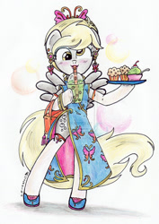 Size: 900x1268 | Tagged: safe, artist:oriwhitedeer, derpy hooves, semi-anthro, bubble tea, cheongsam, clothes, ice cream, muffin, solo