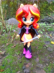 Size: 1944x2592 | Tagged: safe, sunset shimmer, equestria girls, clothes, doll, equestria girls minis, eqventures of the minis, irl, photo, skirt, solo, sword, toy, weapon