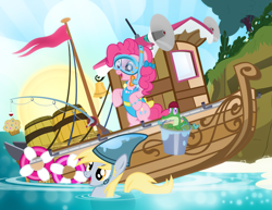 Size: 900x695 | Tagged: safe, artist:pixelkitties, derpy hooves, gummy, pinkie pie, earth pony, pegasus, pony, barrel, boat, bucket, clothes, female, food, goggles, mare, muffin, one-piece swimsuit, shark fin, snorkel, swimsuit