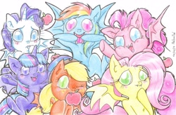 Size: 3488x2288 | Tagged: safe, artist:madisonmadlossen, derpibooru import, applejack, fluttershy, pinkie pie, rainbow dash, rarity, twilight sparkle, alicorn, pony, alicornified, apple, fangs, flutterbat, mane six, race swap, raricorn, traditional art