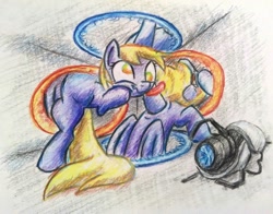 Size: 1024x802 | Tagged: safe, artist:dynamiclines, derpy hooves, pegasus, pony, crossover, female, mare, now you're thinking with portals, portal, portal (valve), portal gun, solo, tongue out, traditional art