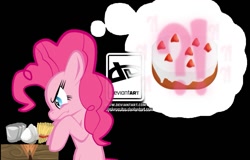 Size: 1117x715 | Tagged: safe, artist:psychroculus, pinkie pie, earth pony, pony, bench table, cake, crossover, egg, flour, frustrated, irritated, milk, minecraft, wheat