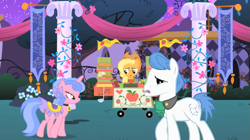 Size: 1025x576 | Tagged: safe, screencap, applejack, orion, royal ribbon, shooting star (character), earth pony, pony, the best night ever, face