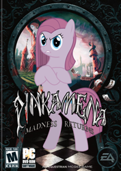 Size: 708x1000 | Tagged: safe, artist:nickyv917, pinkie pie, pony, alice:madness returns, american mcgee, american mcgee's alice, bipedal, ea, game cover, parody, pinkamena diane pie, solo