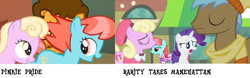 Size: 2132x668 | Tagged: safe, screencap, cheese sandwich, luckette, neigh sayer, rarity, strawberry ice, pony, unicorn, pinkie pride, rarity takes manehattan, background pony, comparison, filly, singing