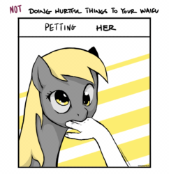 Size: 1258x1300 | Tagged: source needed, useless source url, safe, artist:steve, derpy hooves, oc, oc:anon, pegasus, pony, animated, biting, blinking, doing loving things, ear twitch, eye shimmer, female, hand, horses doing horse things, mare, meme, meme parody, nom, parody, petting, petting her, waifu