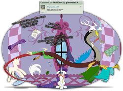 Size: 2225x1647 | Tagged: safe, artist:grievousfan, discord, rarity, draconequus, pony, unicorn, carousel boutique, chaos, dialogue, duo, fabric, female, glasses, mare, partial background, rarity is not amused, sewing, teasing, unamused, working