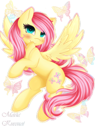 Size: 1024x1355 | Tagged: safe, artist:leelah-sama, fluttershy, butterfly, pegasus, pony, blushing, cute, looking at you, shyabetes, simple background, smiling, solo, spread wings, transparent background