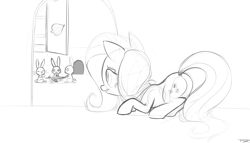 Size: 2100x1200 | Tagged: safe, artist:tex, angel bunny, fluttershy, pegasus, pony, rabbit, card, monochrome, sketch