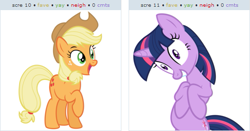 Size: 519x272 | Tagged: safe, applejack, twilight sparkle, earth pony, pony, exploitable meme, female, juxtaposition, juxtaposition win, lesbian, shipping, twijack