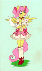 Size: 3097x5267 | Tagged: safe, artist:xenalollie, fluttershy, anthro, incubator (species), crossover, kyubey, madoka kaname, magical girl, puella magi madoka magica, voice actor joke