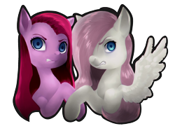 Size: 2042x1471 | Tagged: safe, artist:mokscha, fluttershy, pinkie pie, earth pony, pegasus, pony, discorded, pinkamena diane pie