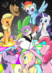 Size: 850x1198 | Tagged: safe, artist:chocolatechilla, derpibooru import, applejack, fluttershy, pinkie pie, rainbow dash, rarity, spike, twilight sparkle, dragon, earth pony, pegasus, pony, unicorn, mane six, saturday night fever, spike gets all the mares