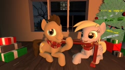 Size: 1280x720 | Tagged: safe, artist:mrderpinhooves, derpy hooves, doctor whooves, pegasus, pony, 3d, christmas, christmas tree, clothes, cute, doctorderpy, female, happy, hearth's warming eve, male, mare, present, scarf, shared clothing, shared scarf, shipping, source filmmaker, straight, tree, winter