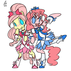 Size: 1200x1200 | Tagged: safe, artist:rwl, fluttershy, pinkie pie, anthro, semi-anthro, alternate hairstyle, anime, bipedal, clothes, cosplay, crossover, cure blossom, cure marine, female, flutterpie, heartcatch precure, lesbian, precure, pretty cure, shipping