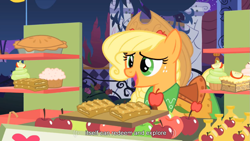 Size: 1025x577 | Tagged: safe, screencap, applejack, earth pony, pony, the best night ever, apple, clothes, cupcake, dress, gala dress, pie, solo, youtube caption