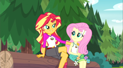 Size: 1100x618 | Tagged: safe, screencap, fluttershy, sunset shimmer, equestria girls, legend of everfree, clothes, crossed legs, embrace the magic, flower, log, scenery, shorts, sitting, socks