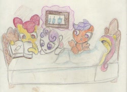 Size: 422x305 | Tagged: safe, apple bloom, fluttershy, scootaloo, sweetie belle, pegasus, pony, bed, book, cutie mark crusaders, scared, syringe