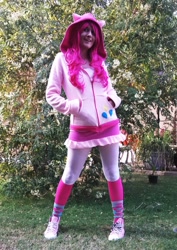 Size: 1280x1808 | Tagged: safe, artist:cleighcreations, pinkie pie, human, clothes, converse, cosplay, craft, cutie mark, hoodie, irl, irl human, photo, solo