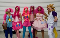 Size: 2048x1301 | Tagged: artist needed, safe, bubble berry, pinkie pie, surprise, human, bowtie, clothes, corset, cosplay, group photo, irl, irl human, london mcm expo, photo, rule 63, suspenders