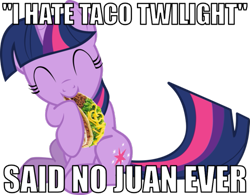 Size: 603x470 | Tagged: safe, derpibooru import, twilight sparkle, image macro, pun, simple background, taco, taco twilight, transparent background, vector