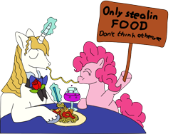 Size: 800x600 | Tagged: safe, artist:lycanianspike, pinkie pie, prince blueblood, earth pony, pony, blueabuse, noodles, pasta, spaghetti, table