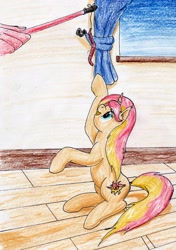 Size: 2103x2979 | Tagged: safe, artist:40kponyguy, derpibooru exclusive, sunset shimmer, human, pony, unicorn, equestria girls, behaving like a cat, cat toy, cutie mark, hand, looking up, offscreen character, pony pet, traditional art, wooden floor