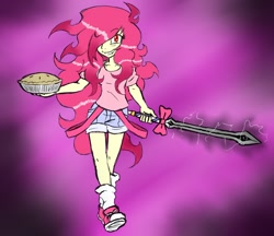 Size: 950x820 | Tagged: safe, artist:ichibangravity, pinkie pie, human, ask king sombra pie, clothes, converse, food, humanized, pie, possessed, shoes, shorts, solo, suspenders, sword, weapon