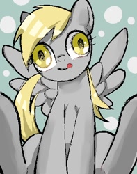 Size: 401x510 | Tagged: artist needed, dead source, safe, derpy hooves, pegasus, pony, female, mare, pixiv, sitting, solo, spread wings, tongue out, wings