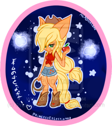 Size: 400x448 | Tagged: safe, artist:princesscelestia908, applejack, anthro, ambiguous facial structure, apple, japanese, rope, solo, watermark