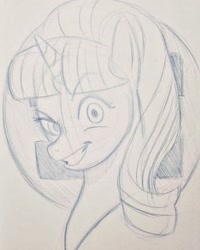 Size: 1280x1600 | Tagged: safe, artist:theboxduchess, starlight glimmer, pony, unicorn, equal cutie mark, evil grin, female, grin, looking at you, mare, monochrome, sketch, smiling, solo, traditional art