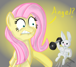 Size: 1200x1053 | Tagged: safe, artist:fluffywuffs, angel bunny, fluttershy, pegasus, pony, rabbit, animal, dialogue, gradient background, muscles, weight lifting, weights