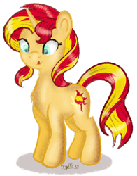 Size: 1584x2019 | Tagged: safe, artist:ilynalta, sunset shimmer, pony, equestria girls, looking down, signature, solo, surprised