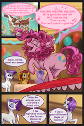 Size: 600x900 | Tagged: safe, artist:alorix, pinkie pie, rarity, sunset shimmer, classical unicorn, pony, unicorn, balloon, comic, curved horn, eyes closed, leonine tail, music notes, party, search for twilight, singing, sugarcube corner