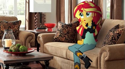 Size: 533x294 | Tagged: safe, sunset shimmer, equestria girls, boots, candle, clothes, crossed legs, equestria girls in real life, high heel boots, house, indoors, interview, irl, pants, photo, sitting, sofa, solo