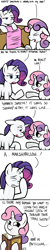 Size: 576x2880 | Tagged: safe, artist:wolverfox, rarity, sweetie belle, pony, unicorn, book, comic, marshmallow, prank, smug, sweetie belle is a marshmallow too