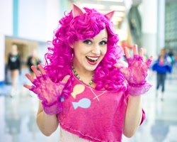 Size: 950x760 | Tagged: safe, artist:aktrez, pinkie pie, human, clothes, cosplay, fingerless gloves, gloves, irl, irl human, photo, solo, wondercon, wondercon 2012